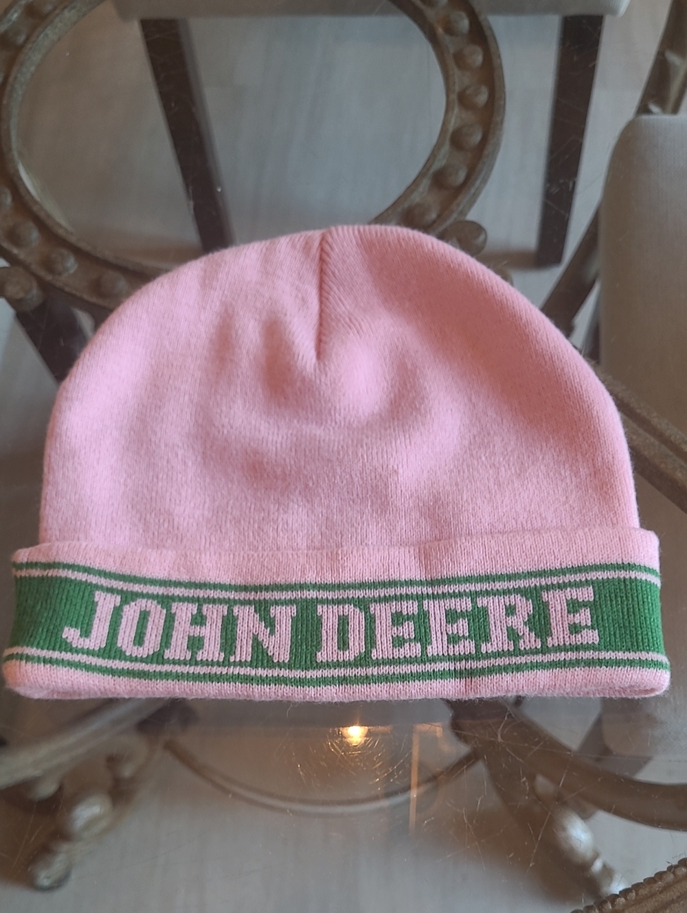John Deere Pink Knit Beanie with Green Logo Band